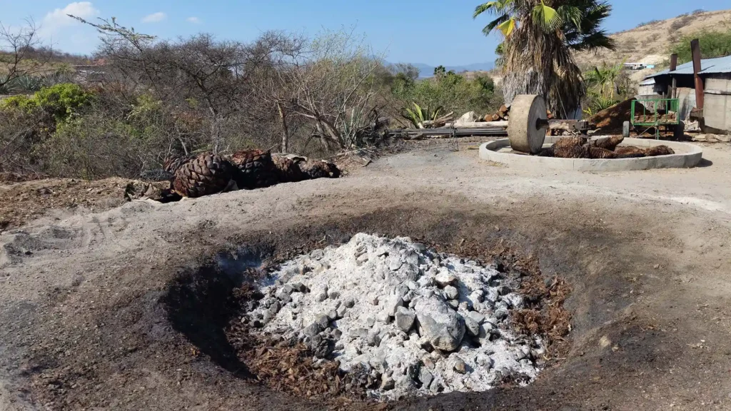 Horno de tierra y tahona de piedra en producción artesanal de mezcal Guxadi